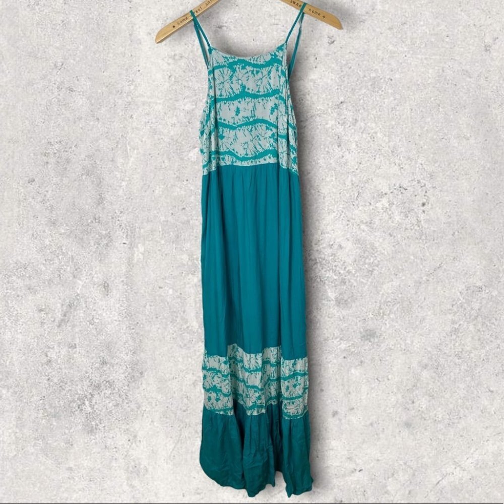 Entro Tiered Maxi Dress Tie Back Aqua Blue Bohemian Summer Beach Long Festival S